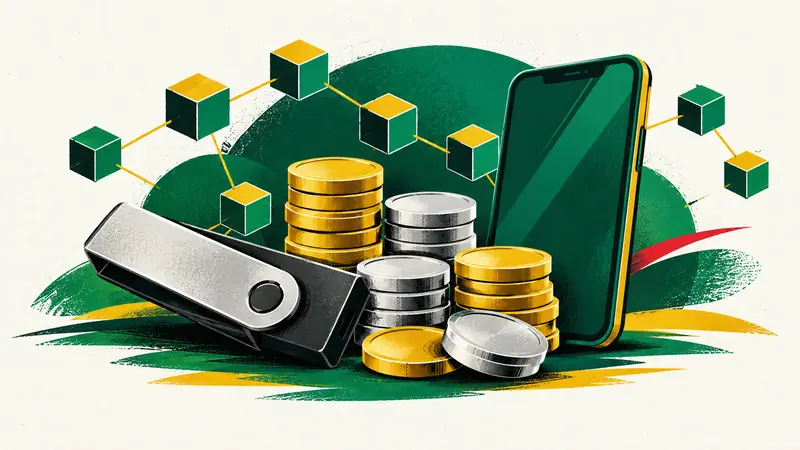 Monedas junto a una billetera física de criptomonedas y un teléfono, con una cadena de bloques al fondo