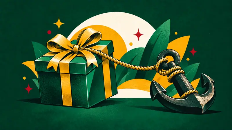 Caja de regalo con lazo atada con una cuerda a un ancla de hierro
