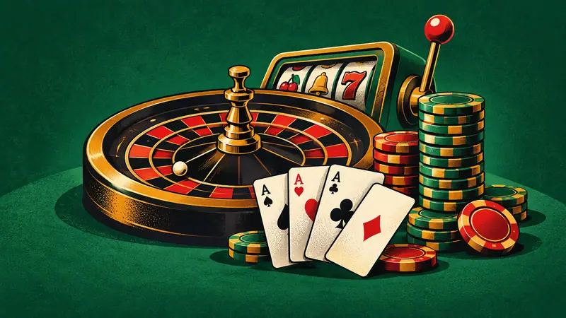 Ruleta, baraja abierta y torre de fichas sobre tapete verde, con la palanca de una tragamonedas al fondo