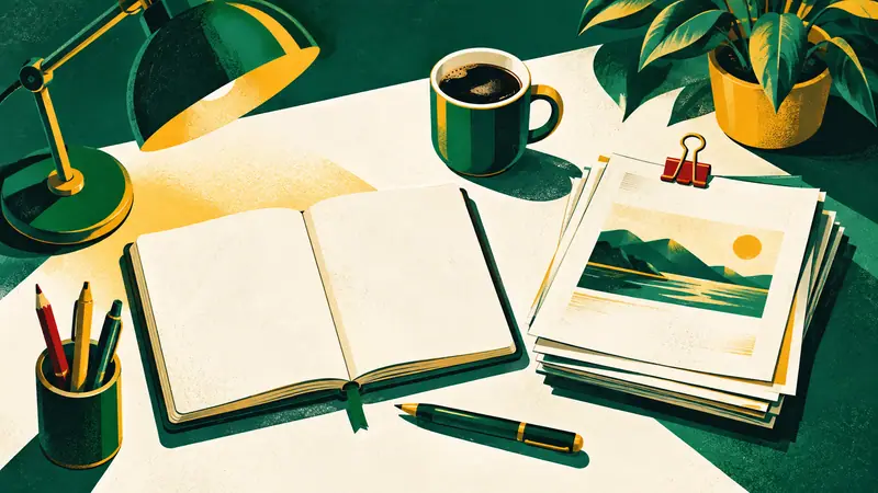 Escritorio de redacción visto desde arriba, con cuaderno, taza de café, lámpara y hojas impresas