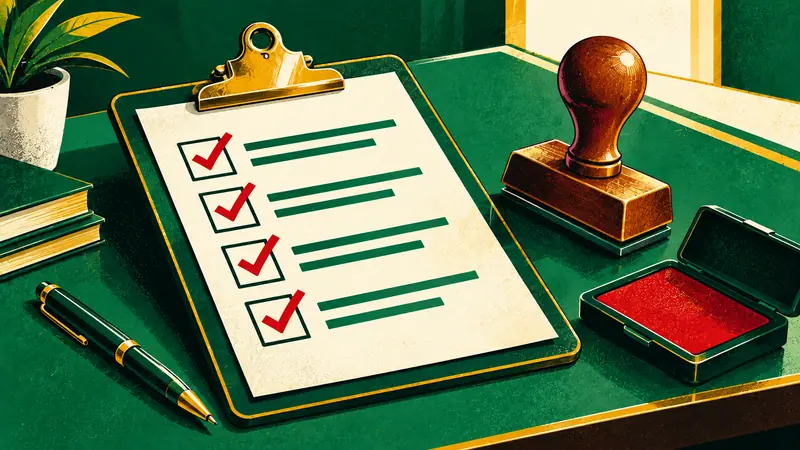 Tablilla con una lista de verificación, un sello de goma y una almohadilla de tinta sobre un escritorio