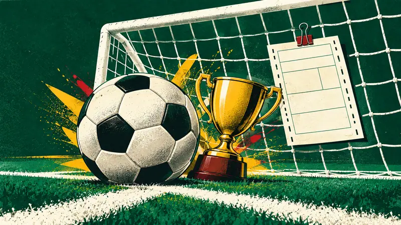 Balón de fútbol frente a la red de una portería, con un trofeo dorado y un boleto de apuestas en blanco